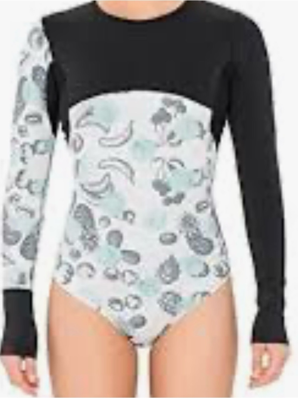 Akela Surf Long Sleeve Fruit Patterned One-Piece Swimsuit - Black and Mint NWT